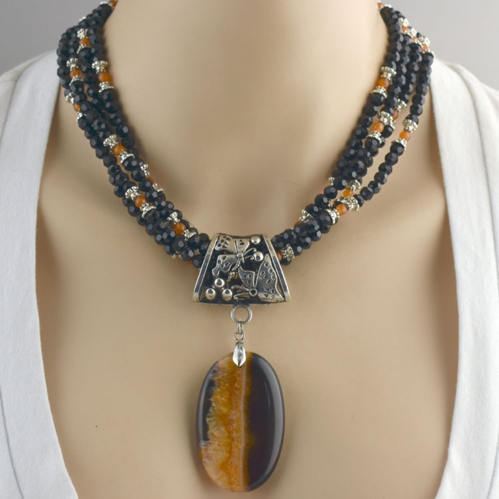 Faceted Black Glass & Agate Necklace Earring Set